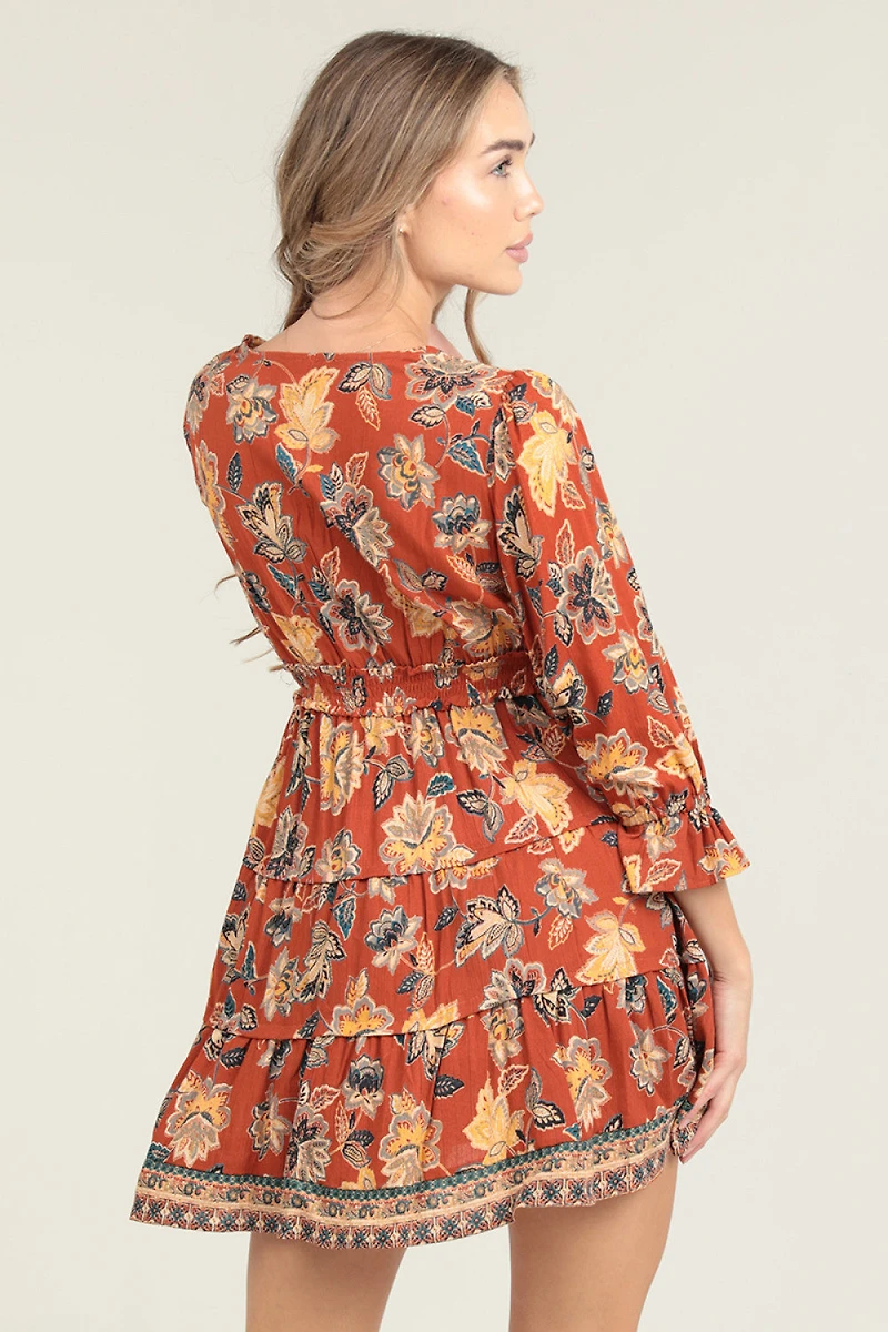 Brown V-Neck Tiered Dress