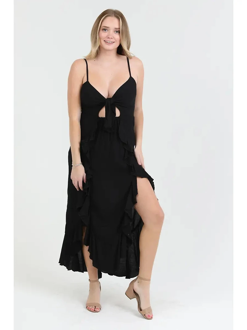 Tie Front Double Ruffled Slits Maxi Dress