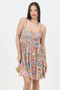 Short Dress With Smocking And Deep V Ivory