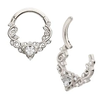 Heart Filigree Mini Round CZ Hinged Hoop