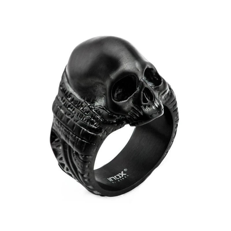 Black Detailed Skull Ring Size