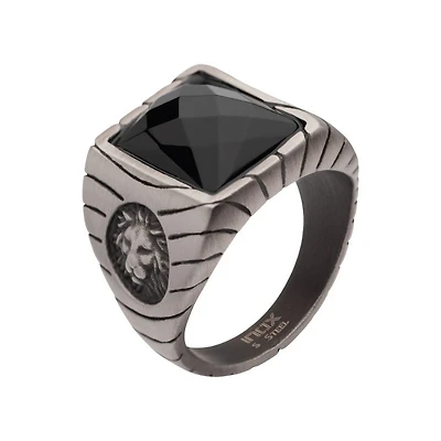 Steel Lion/Blk Agate Ring 10