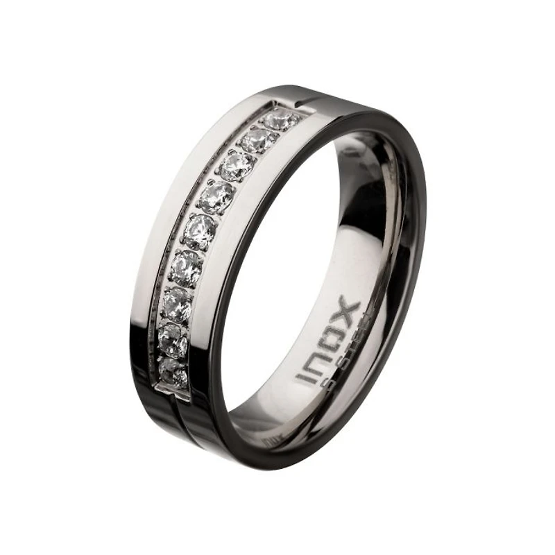 Stainless Steel Polished Steel Comfort-Fit Band with CZ's in Bead Channel Setting Ring Size