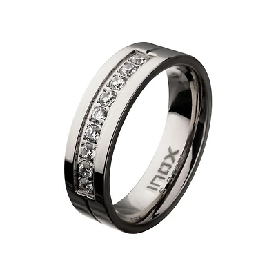 Stainless Steel Polished Steel Comfort-Fit Band with CZ's in Bead Channel Setting Ring Size