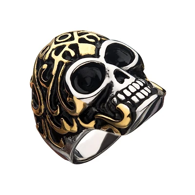 Steel Oxidized Gold IP Skull Ring Size