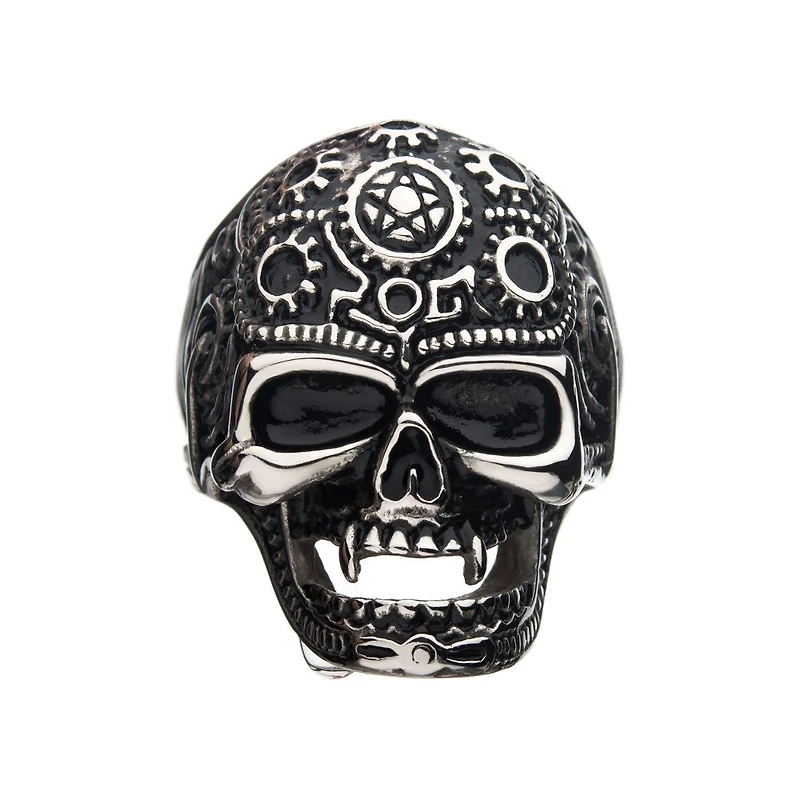 Oxidized Steel Vampire Skull Ring Size