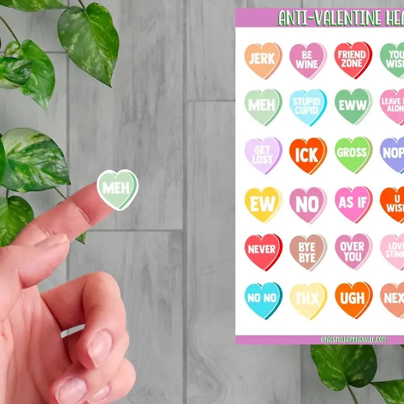Hoja de pegatinas de corazones anti-San Valentín