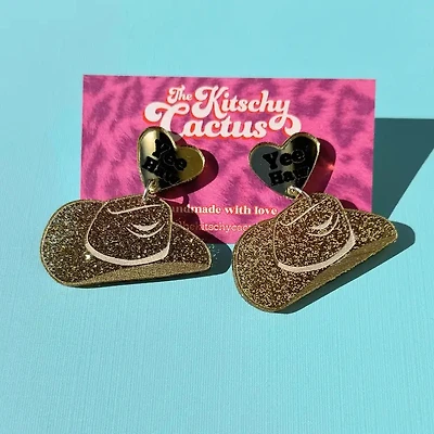 Fancy-Gold Glitter Cowboy Hat Earrings