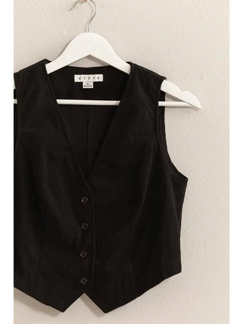 V Neck Buttoned Corduroy Vest