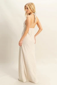 Striped Halter Neck Linen Maxi Dress