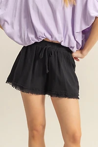 Drawstring Waist Frayed Hem Short Legs