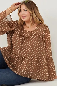 Plus Tiered Long Sleeve Flower Top