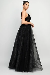 Sequin Studded Tullle Balloon Maxi Dress