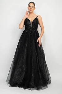 Sequin Studded Tullle Balloon Maxi Dress