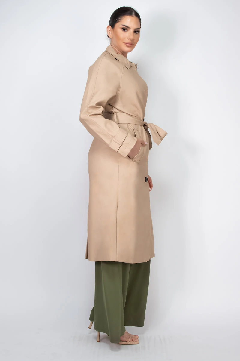 PU Raglan Sleeve Belted Coat