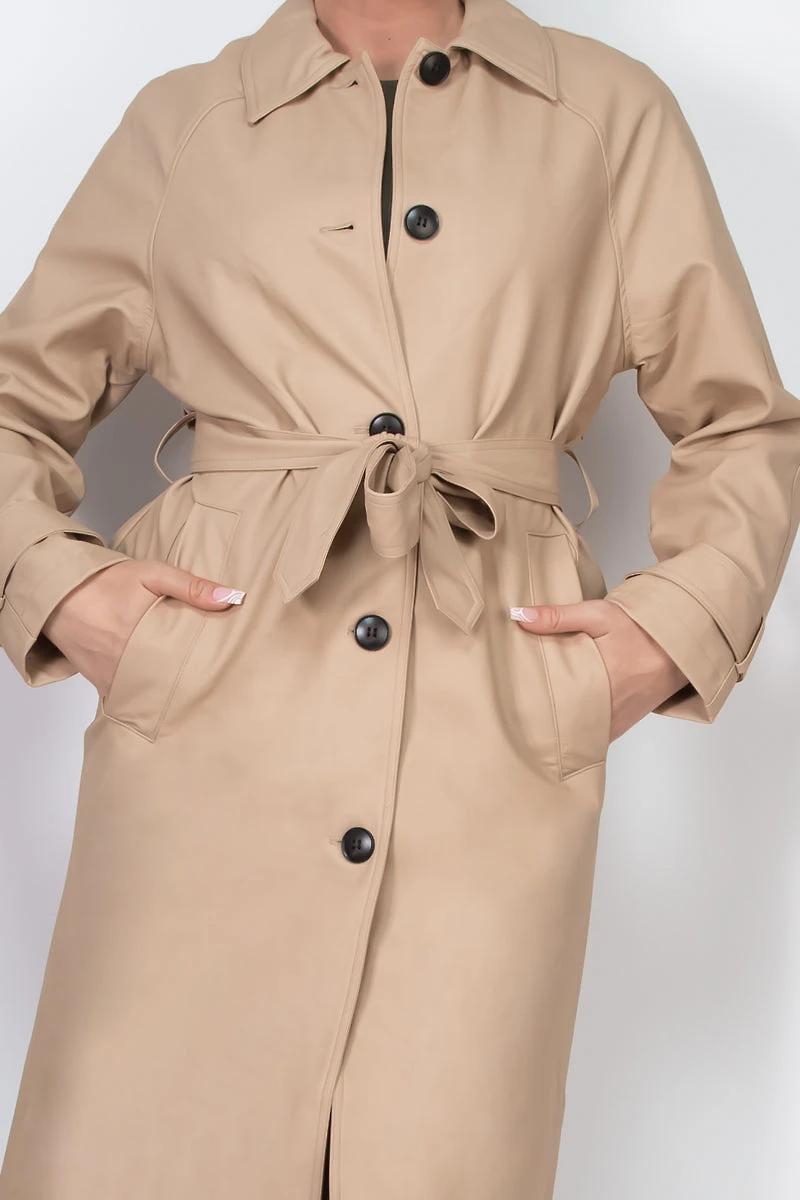 PU Raglan Sleeve Belted Coat