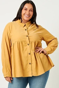 Plus Corduroy Collared Button Up Long Sleeve