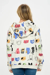 Cartoon Cat Print Zipper Hoodie