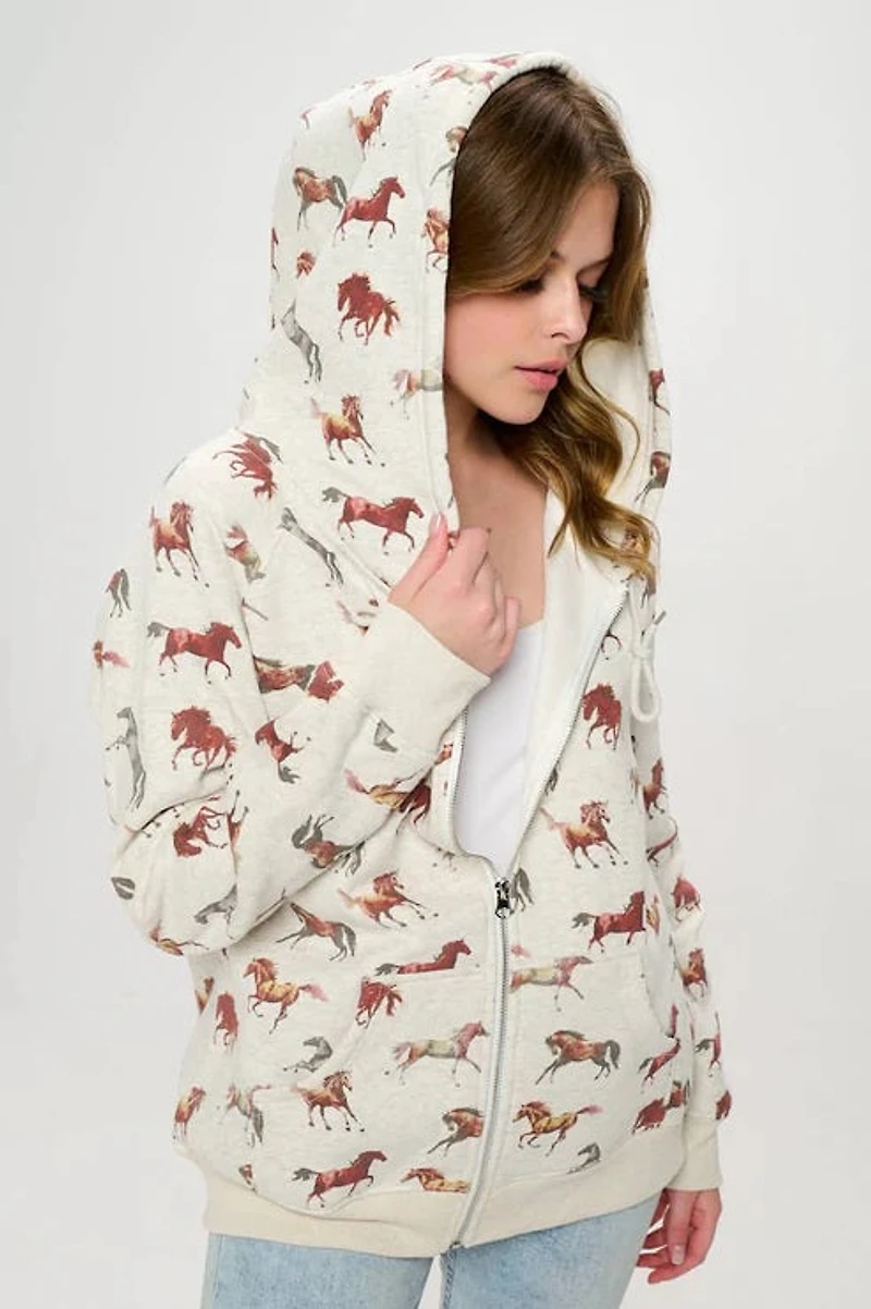 Horse Print Zip Up Hoodie