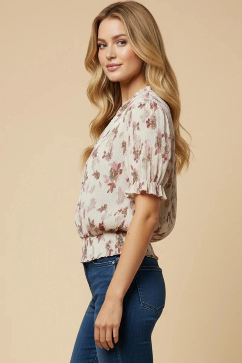 Plus Textured Floral Smock Hem Buttoned Blouse
