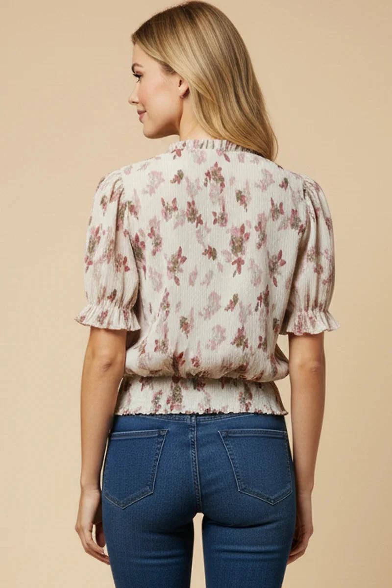 Plus Textured Floral Smock Hem Buttoned Blouse
