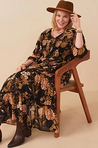 Floral Panel Smocked V Neck Dress Plus