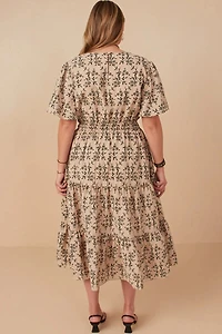 Botanical Print Cinch Waist Tiered Dress Plus