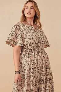 Botanical Print Cinch Waist Tiered Dress Plus
