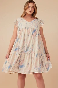 Watercolor V Neck Tiered Ruffle Dress