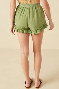 Washed Gauze Textured Ruffled Hem Shorts