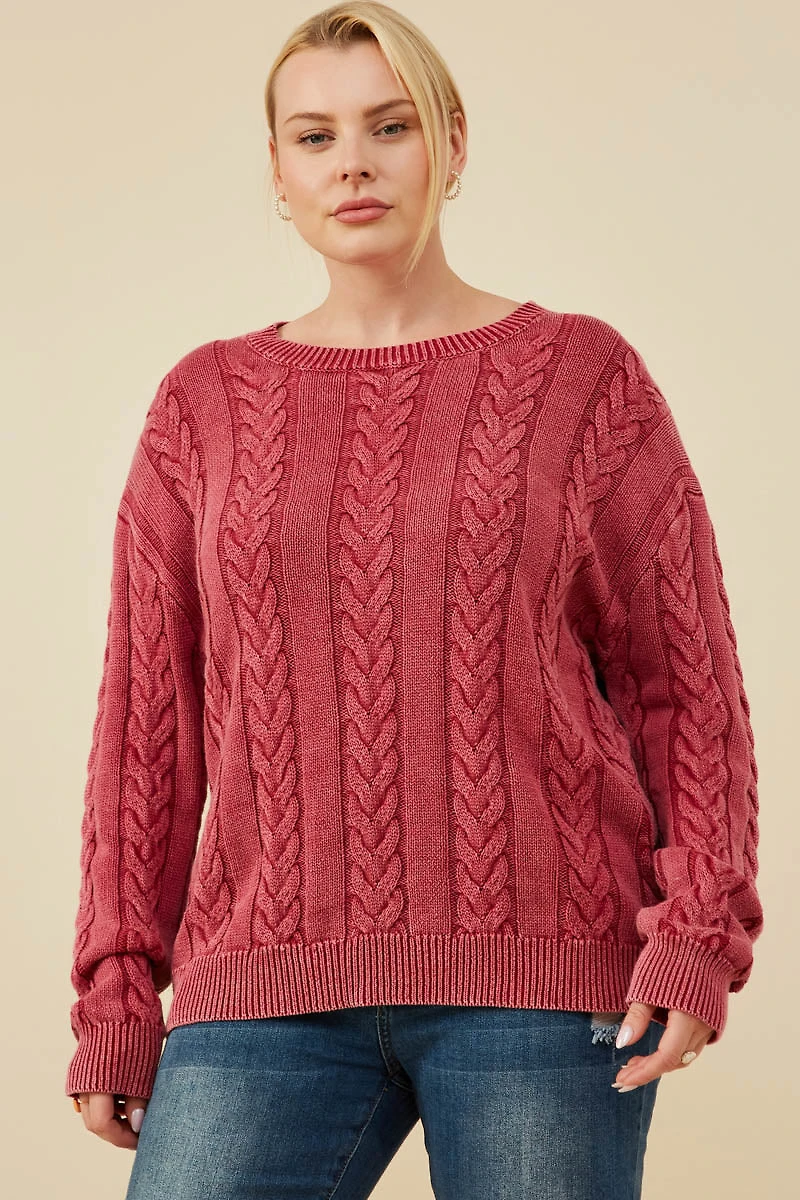 Cable Knit Washed Pullover Sweater Plus