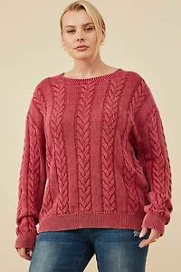 Cable Knit Washed Pullover Sweater Plus