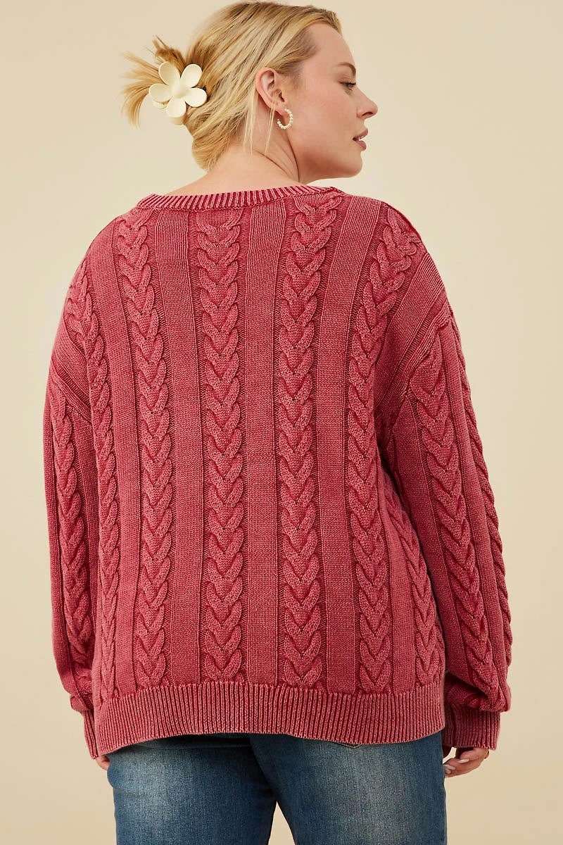 Cable Knit Washed Pullover Sweater Plus
