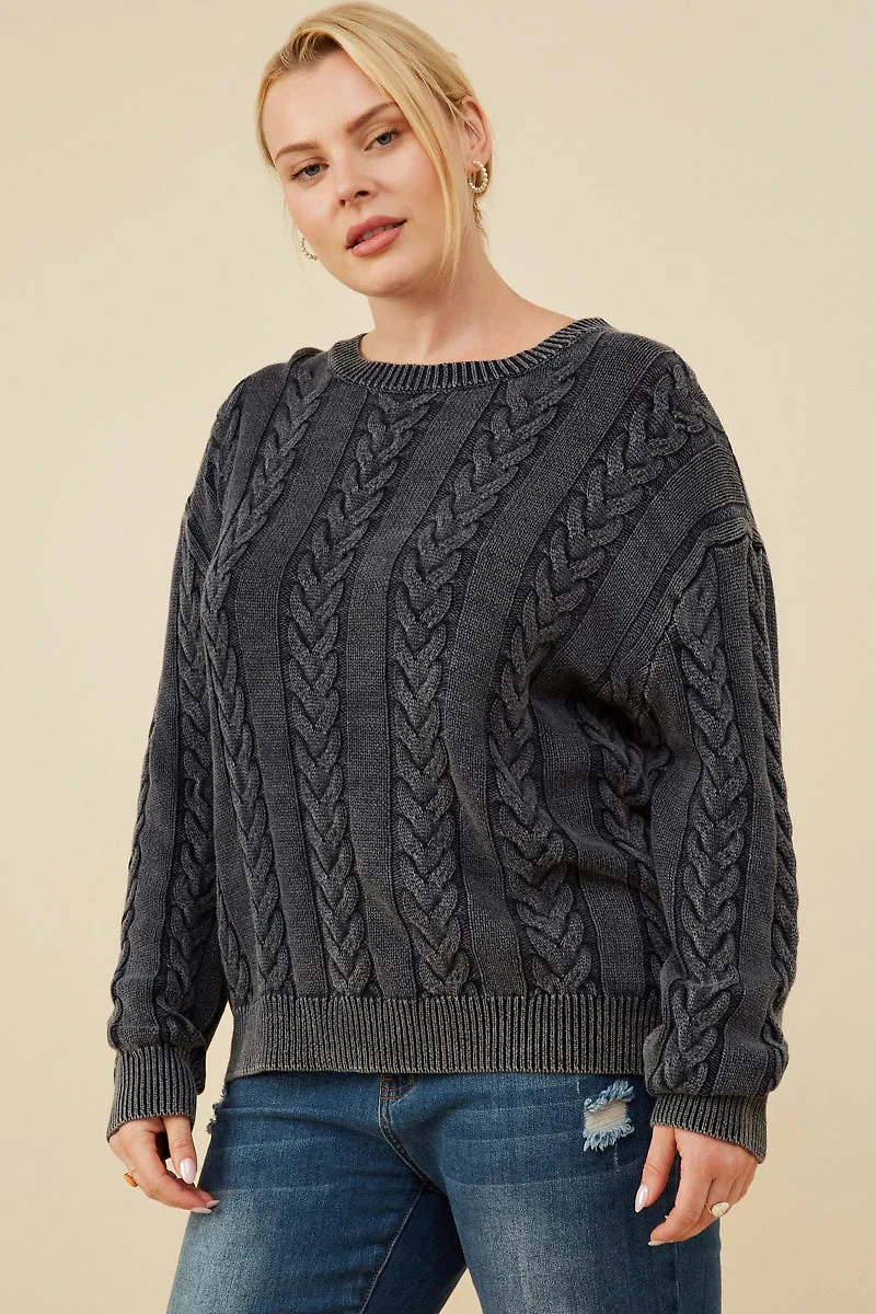 Cable Knit Washed Pullover Sweater Plus