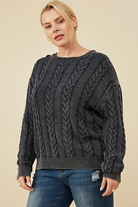 Cable Knit Washed Pullover Sweater Plus