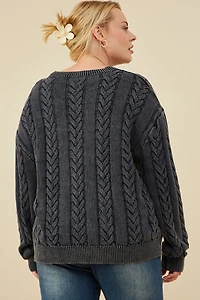 Cable Knit Washed Pullover Sweater Plus
