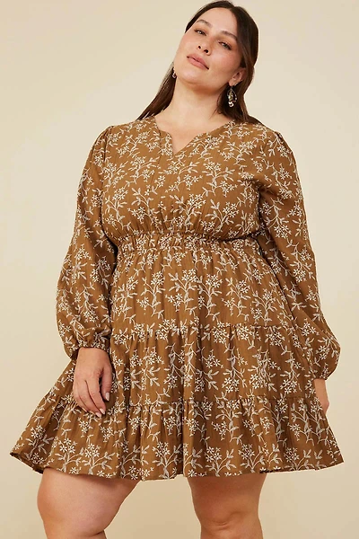 Notch Detail Long Sleeve Floral Dress Plus