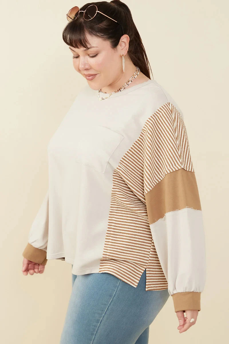 Stripe And Color Block Sleeve Detail Knit Top Plus