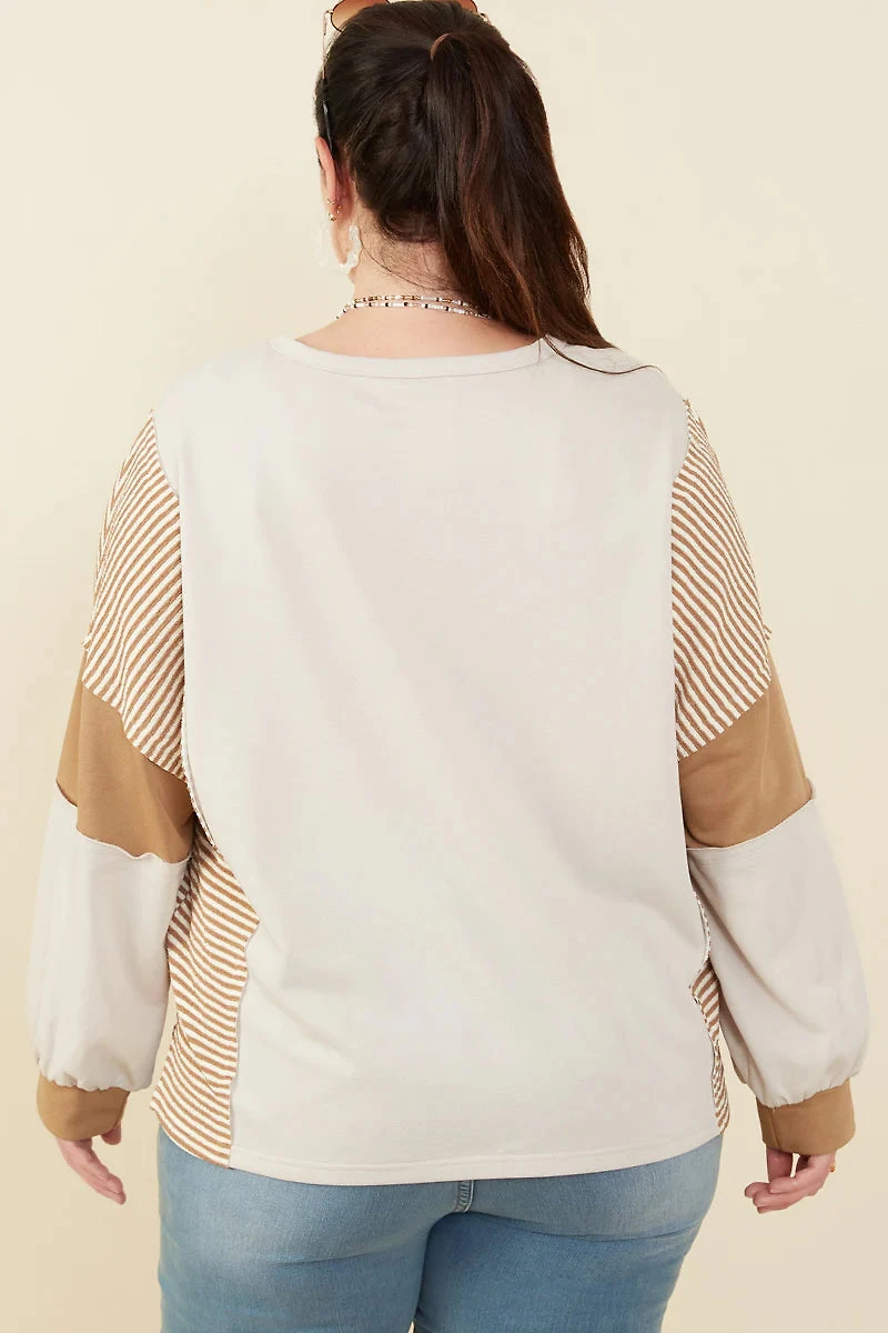 Stripe And Color Block Sleeve Detail Knit Top Plus