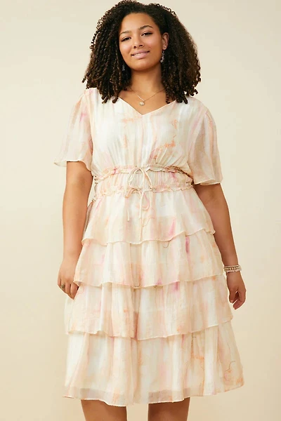 Watercolor Print Tiered Cinch Waist Dress