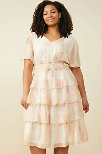 Watercolor Print Tiered Cinch Waist Dress