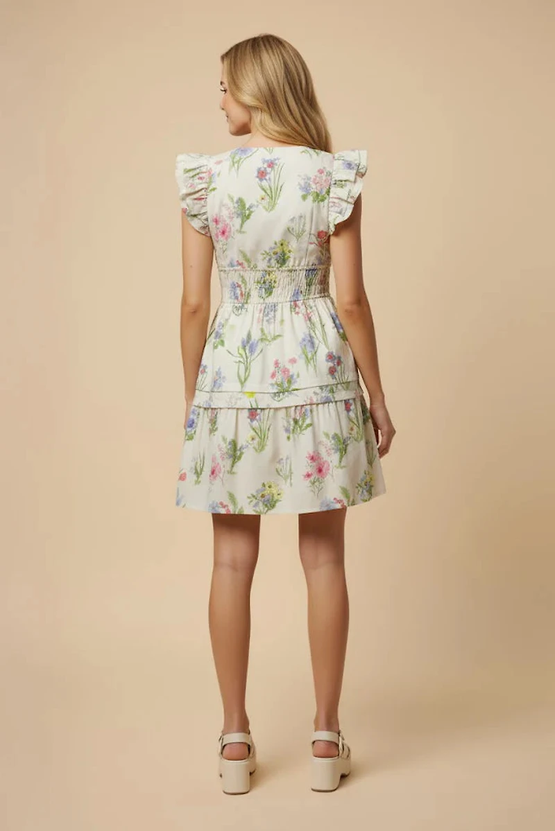 Block Floral Smocked Waist Ruffle Tank Dress