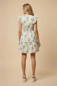 Block Floral Smocked Waist Ruffle Tank Dress