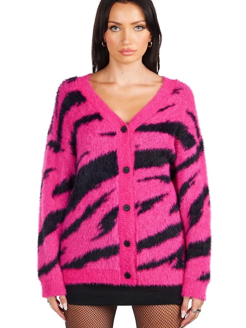 Pink Electric Fuzzy Knit Cardigan