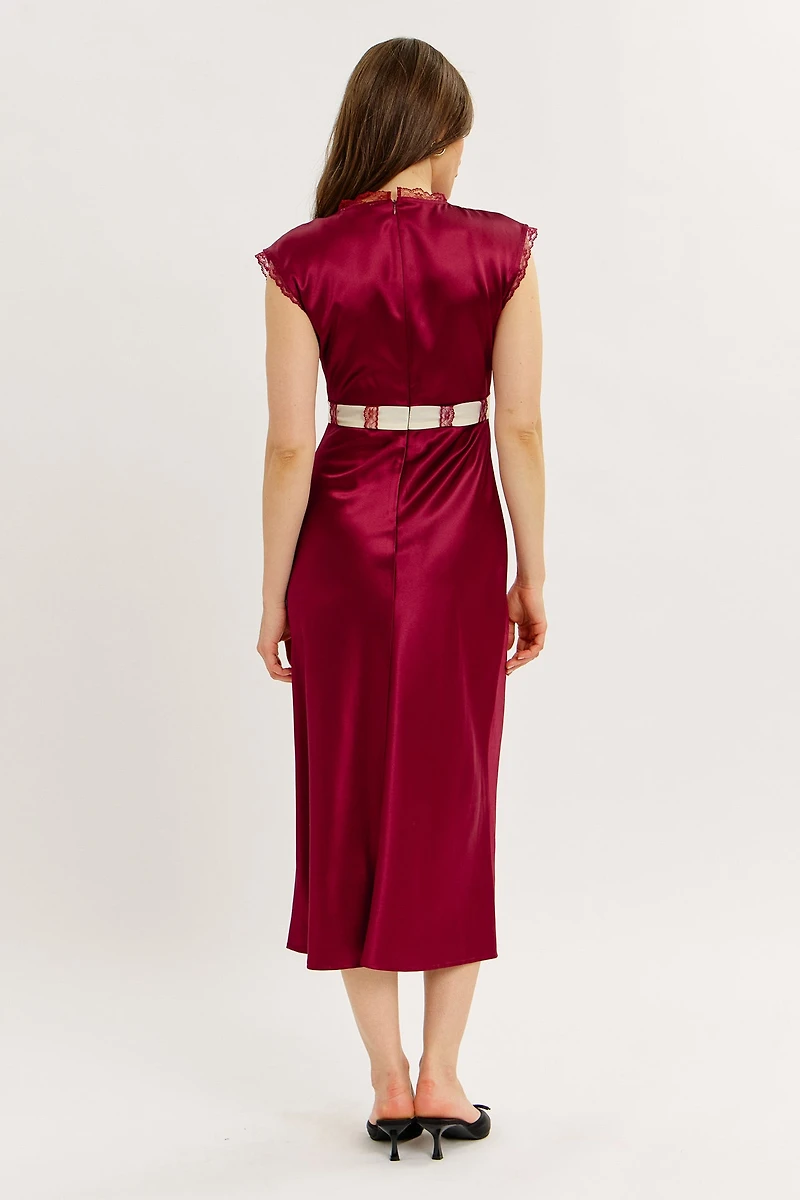 Satin Lace Midi Dress With Contrast Bow