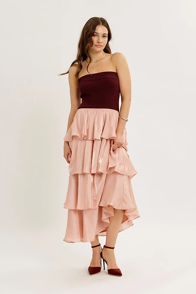 Designed To Shine Strapless Tiered Midi Dress With Glossy