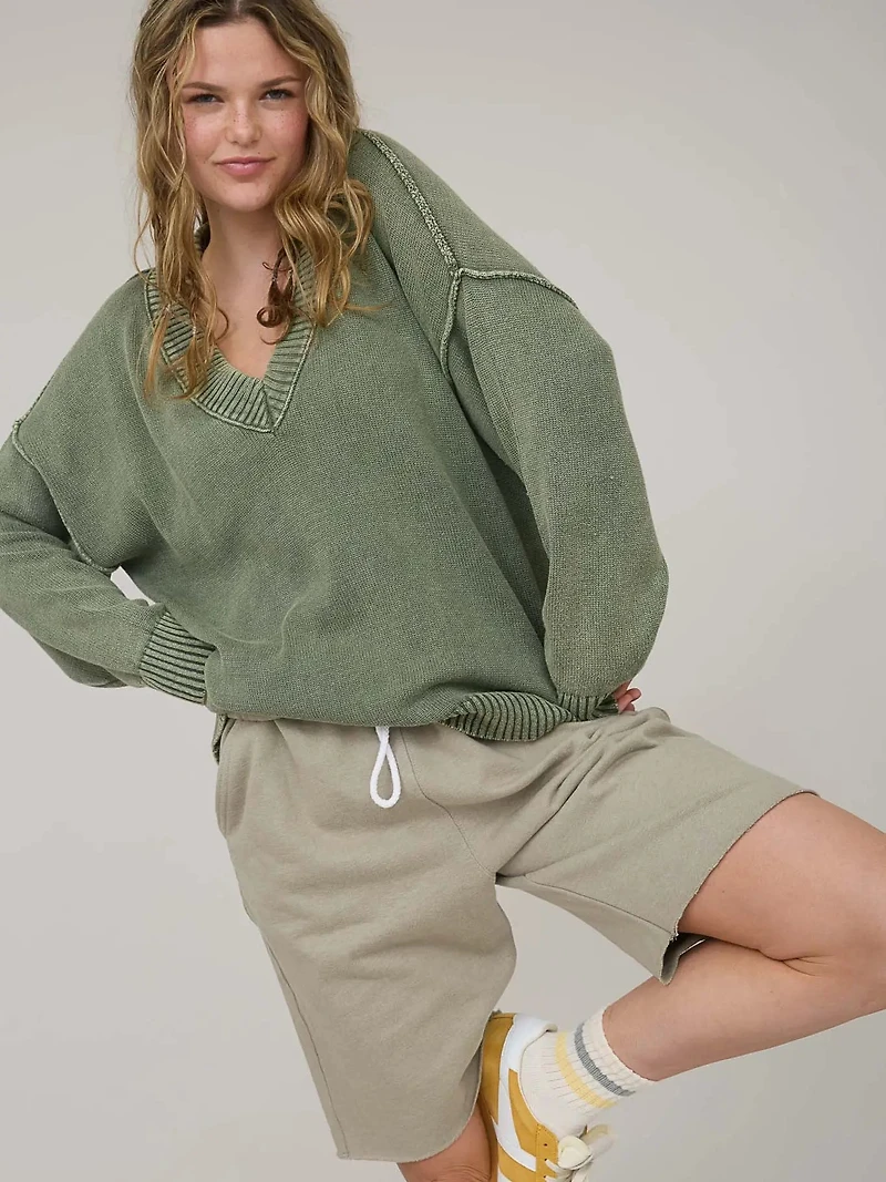 Olive Washed V Neck Long Sleeve Oversized Knit Sweater