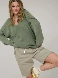 Olive Washed V Neck Long Sleeve Oversized Knit Sweater