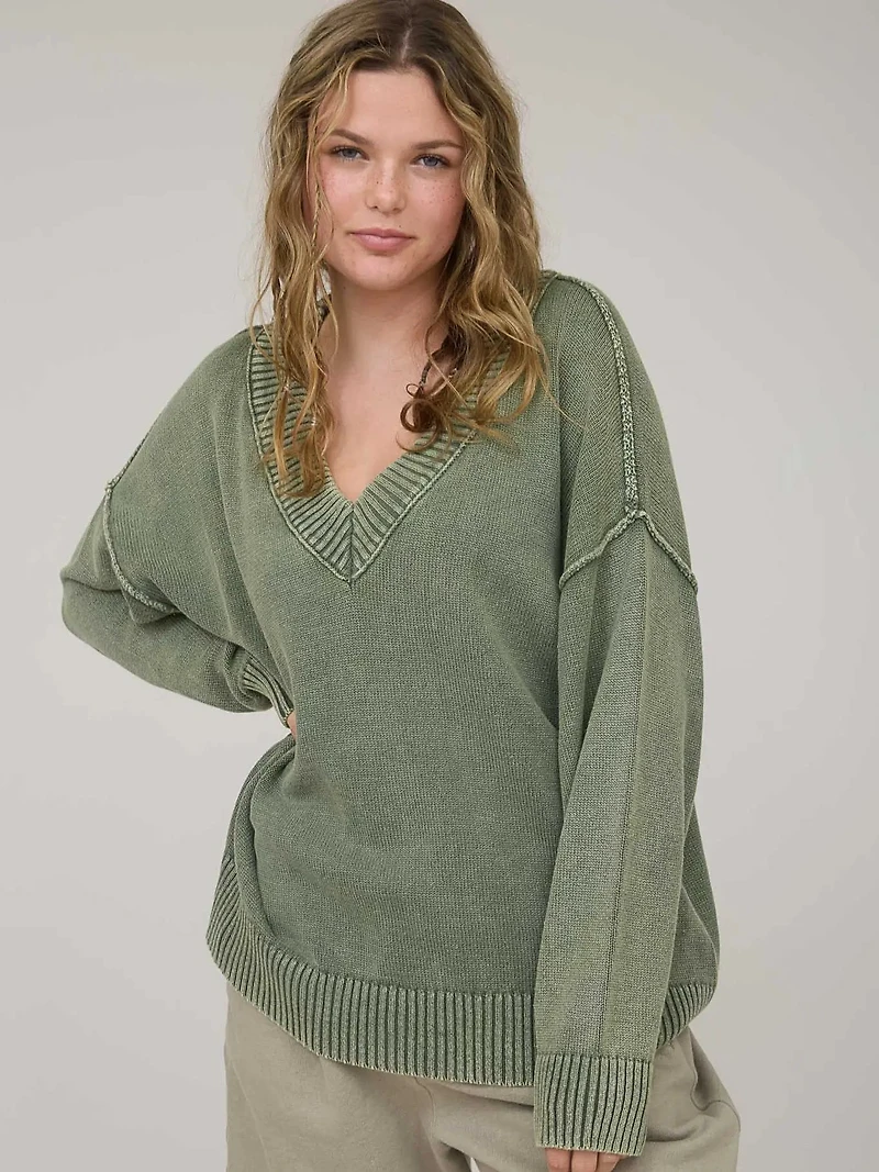 Olive Washed V Neck Long Sleeve Oversized Knit Sweater