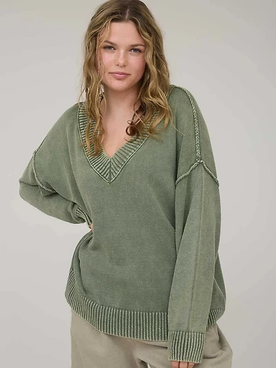 Olive Washed V Neck Long Sleeve Oversized Knit Sweater